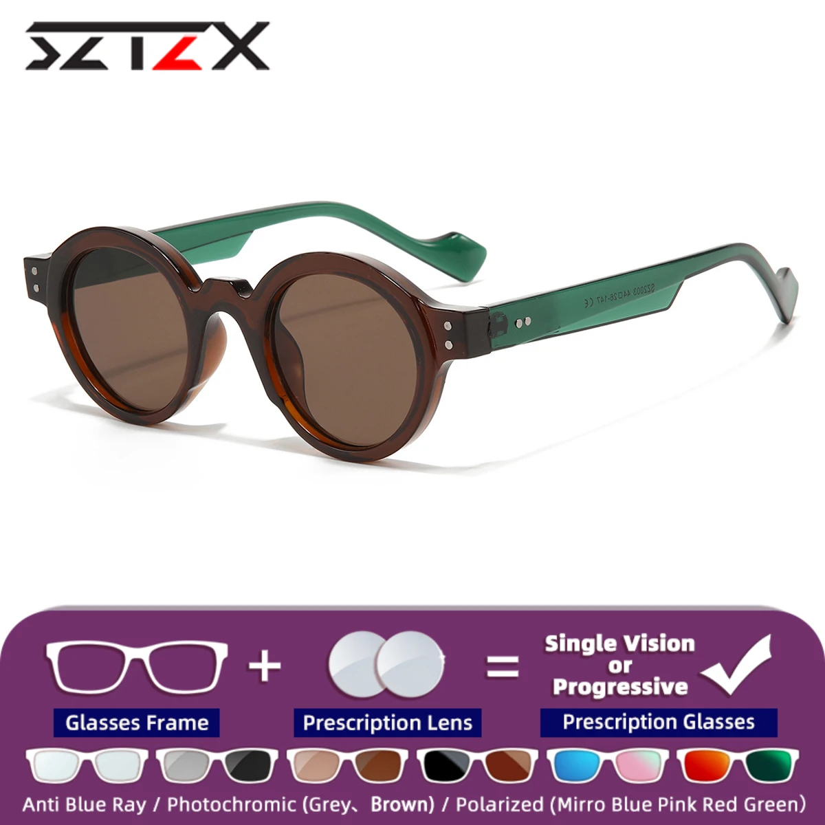 

SZTZX New Retro Round Polarized Prescription Sunglasses Fashion Men Women Progressive Myopia Camping Party Optical Sun Glasses