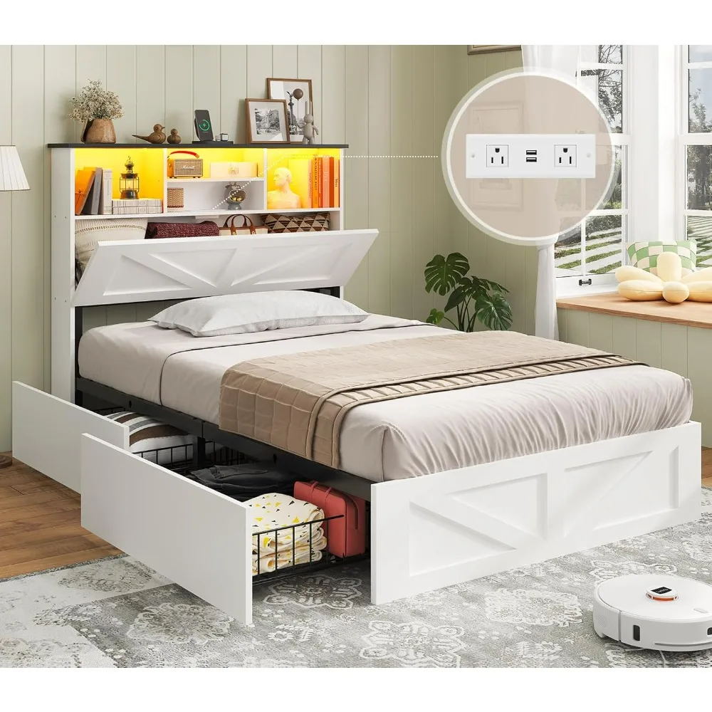 

Twin Bed Frame with 4 Storage Drawers and Charging Station,Wooden Led Twin Bed with Storage Hidden Space Headboard