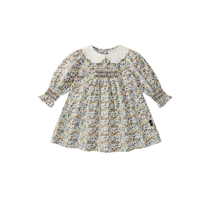 Girls' Floral Dress Autumn New Vintage Style Long Sleeve Dress for Kids