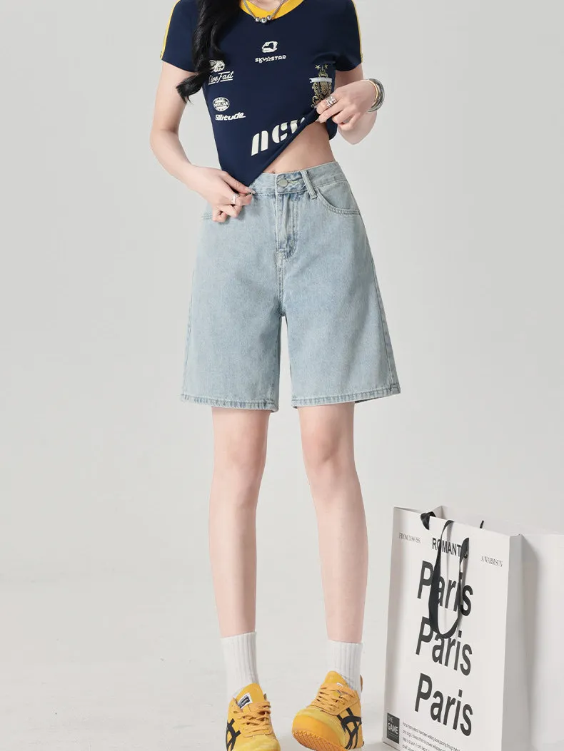 

Light Blue High Waist Wide Leg Denim Shorts Women's Summer New Style A-Line Straight Cut Mid-Calf Pants Casual Zipper Design
