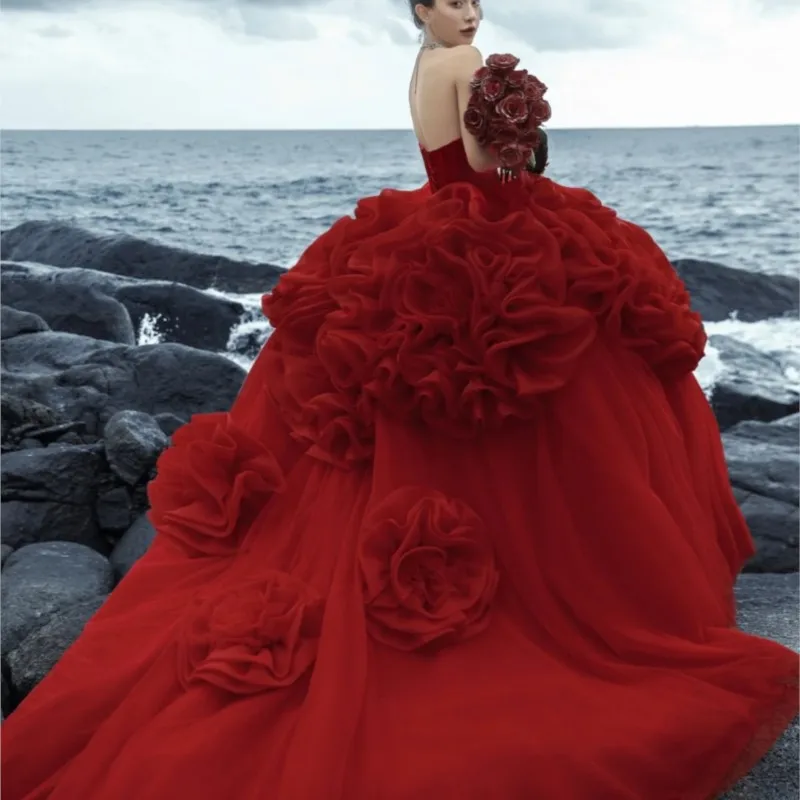 

New sweet red satin strapless floral train dress for location photography