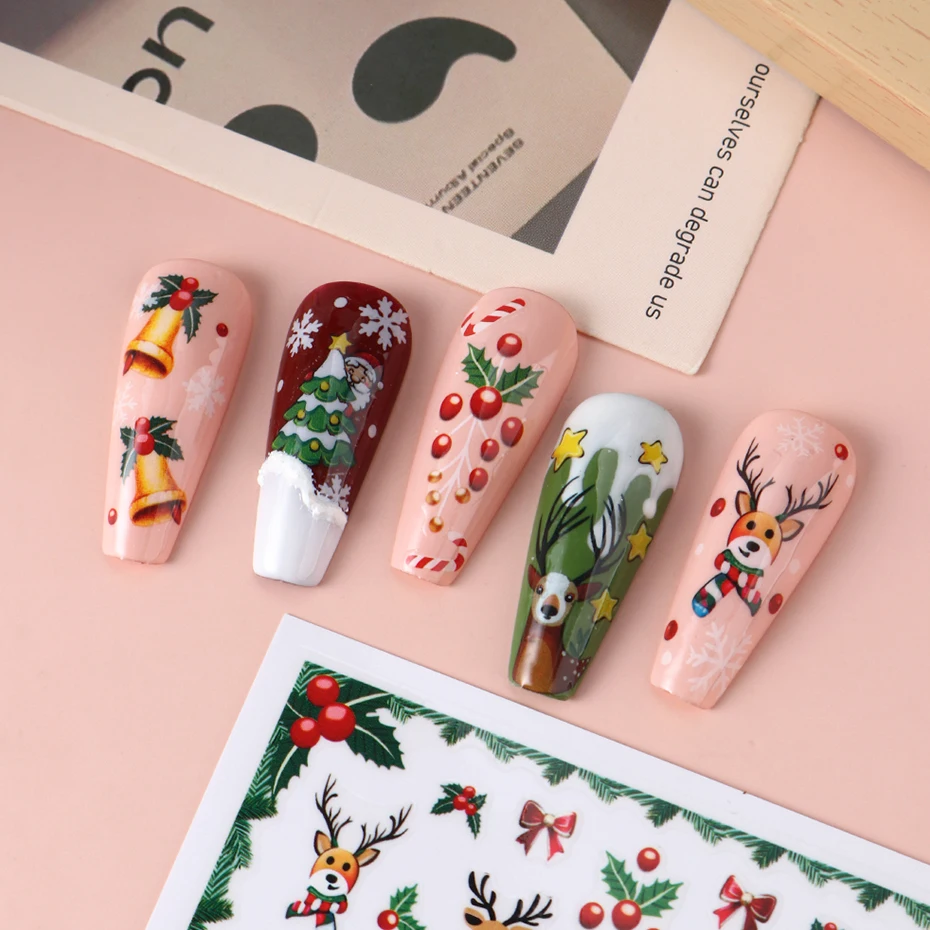 5 Stück 3D-Cartoon-Weihnachtsmann-Hirsch-Nagelaufkleber, Weihnachtsbäume, Glocken, selbstklebende Schieber für Nägel, Kawaii, Winter, Maniküre, Nageldeko