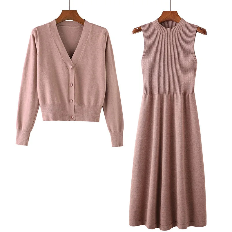 

Two Pieces Knitted Dress Sets Women Casual Matching Suits Solid Sleeveless Long Dress Sweater Loose Cardigan Elegant 2025 Autumn