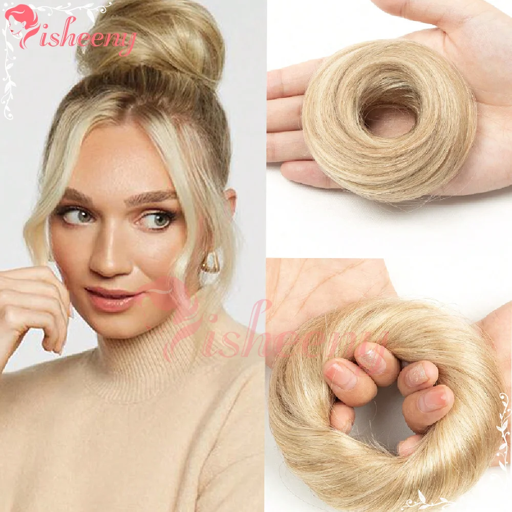 Isheeny Real Human Hair  Hair Buns 4 Inch 12G Elastic Drawstring Chignon Bun Multi Color Human Hair Donut Bun Updo Hair Pieces For Women Daily Styling