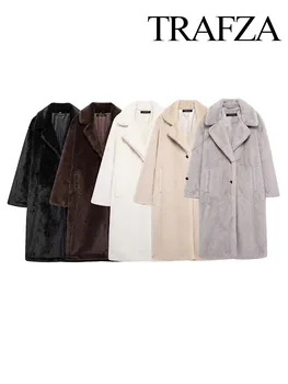TRAFZA Women Winter Long Sleeve Lapel Single Breasted Casual Jackets Female Fashion Warm Thick Animal Print Faux Fur Long Coats