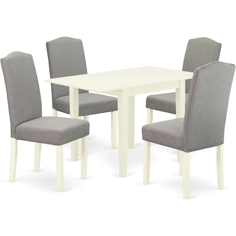 5-piece set of 4-person dining table, including a rectangular table with hanging leaves and 4 dark linen fabric cushioned chairs