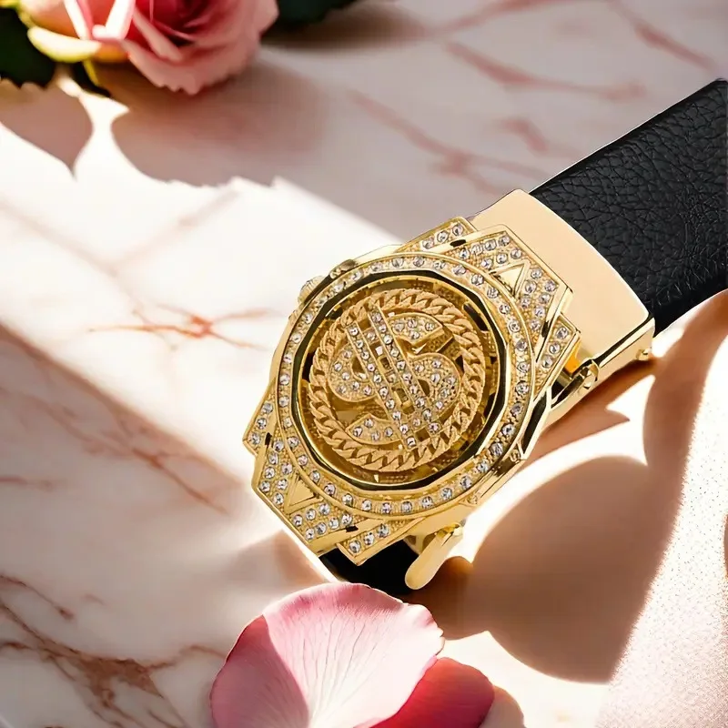 Men's Luxury Faux Crocodile Leather Waist Belt with Rotatable Rhinestone Round Buckle Fashion Waistband  Cosplay Accessory