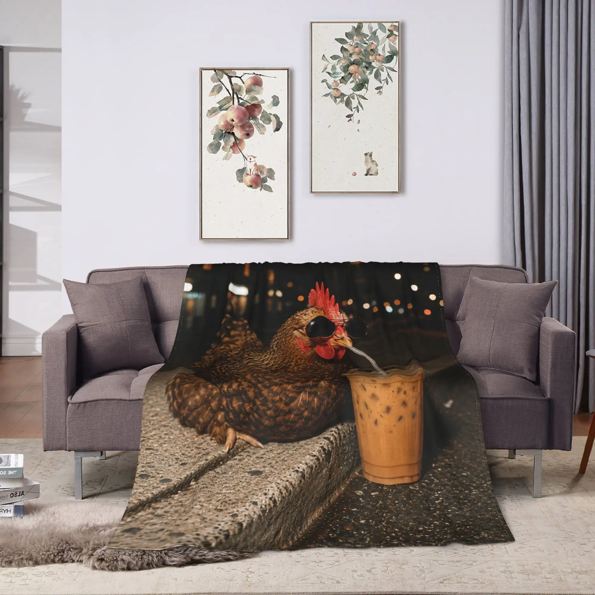 Chicken Drinking Iced Coffee Animal Meme Blankets Warm Plush Throw Blanket For Boy Girl Living Room Flannel Bedspread Bed Cover