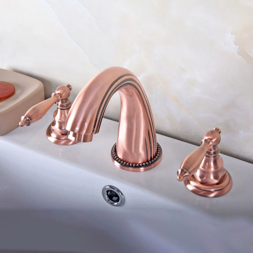 

Antique Red Copper Double Handle Deck-Mount Three Hole Widespread Bathroom Lavatory Bathtub Basin Faucet Sink Mixer Tap drg082