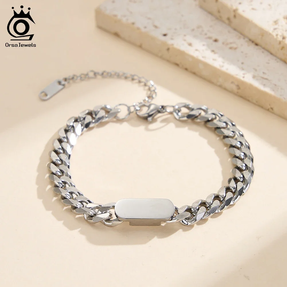ORSA JEWELS Stainless Steel Fashion Cuban Link Chain Curb Bangle Bracelet for Women Dainty Texture Bracelet Jewelry STCB05