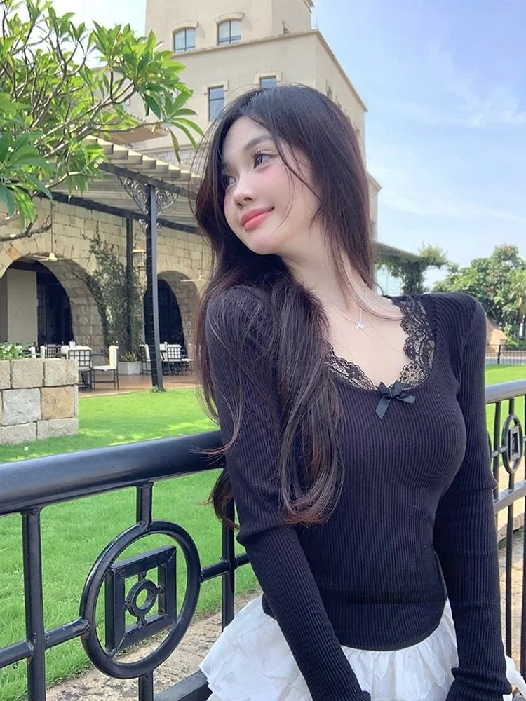 Bla Lace Trim Knitted T-irt Women's Slim Fit Base irt Inner Wear French Sle Pure Color V-Ne ort Sve Top