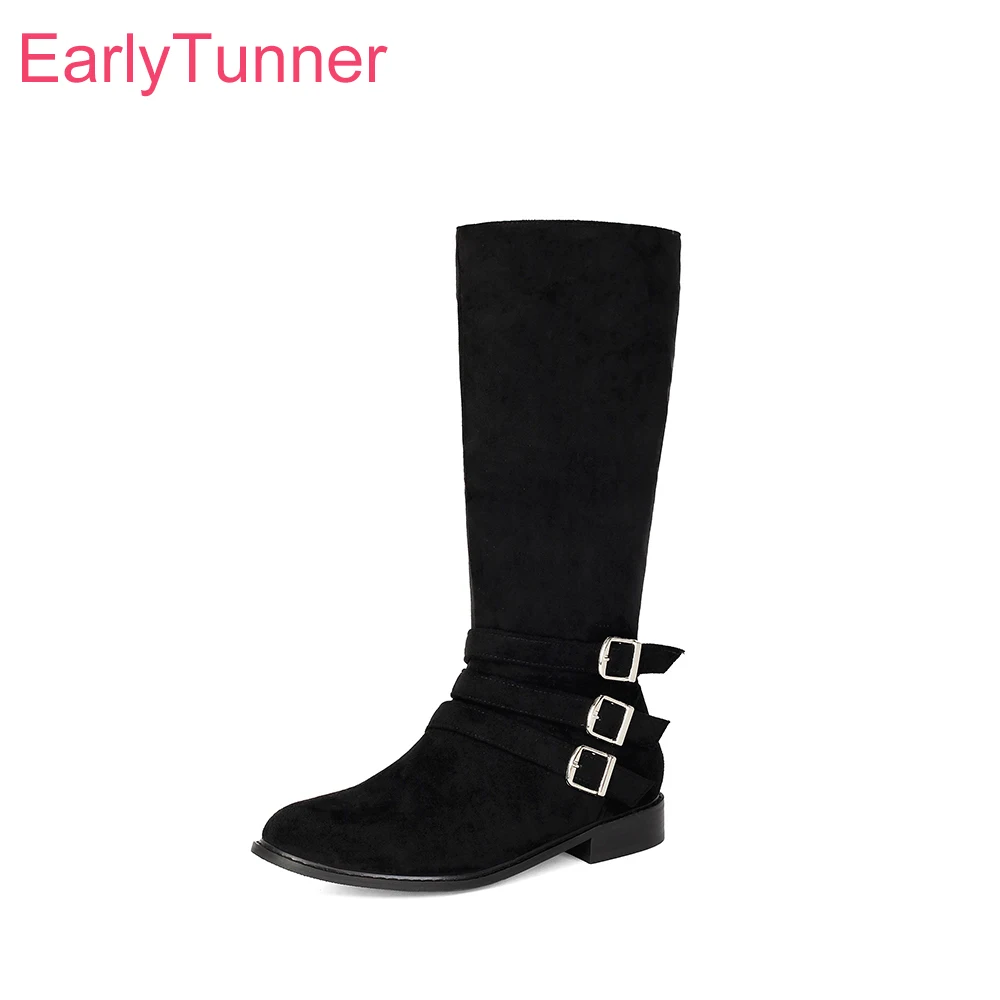 2026 Winter Fashion Women Mid Calf Boots Round Toe Low Chunky Heel Lady Casual Shoes Large Plus Size 12 44 47 Side Zipper