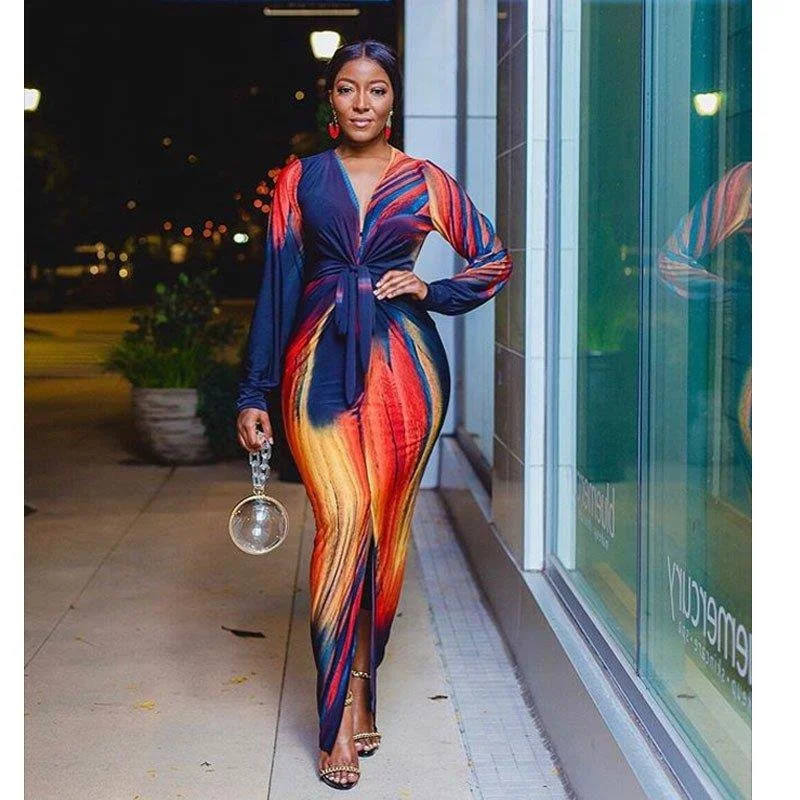 섹시 슬림 롱 프린트 드 오토멈 패션 V넥 미드웨이스트 폴리에스터 롱 슬리브 원피스 여성용 드