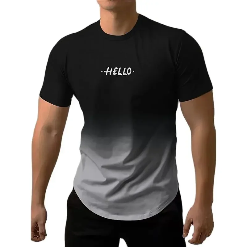 

Men's Letter Printed T-Shirt Contrast Gradient Harajuku Short Sleeve Tops Leisure Collar Workout Clothes Oversized T-Shirts Fash