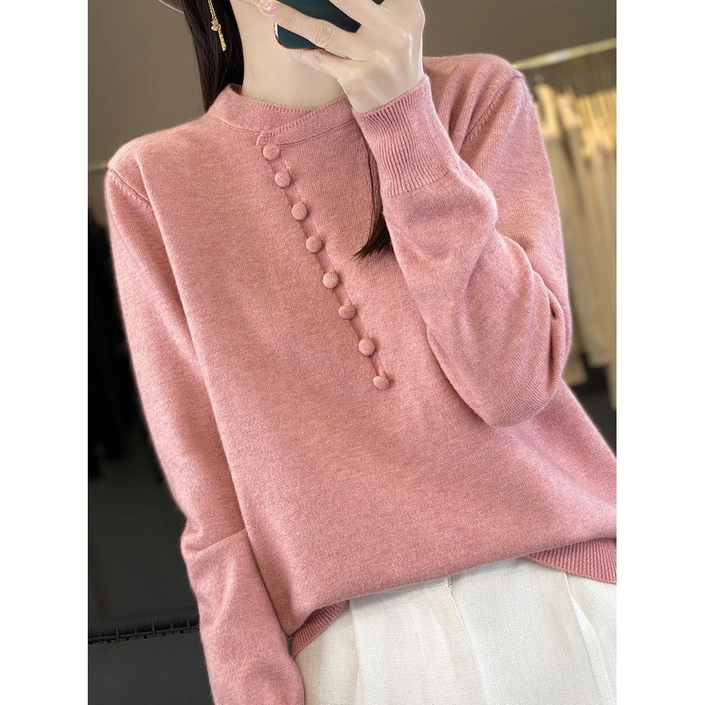 

Women's Autumn Winter Knitted Sweater Stand Collar Side Button Large Size Boting Needle Traditional Chinese Sle Ele