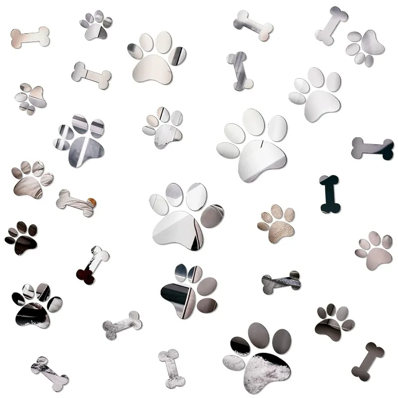 26 mirror stickers, dog paw bone print acrylic mirror wall stickers, detachable dog room wall decoration