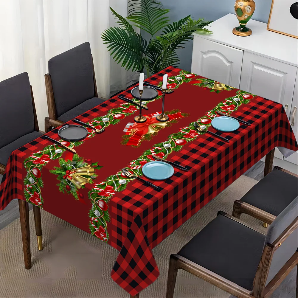 Christmas Themed Rectangle Tablecloth Winter Xmas Bell Buffalo Plaid Table Cloth Holiday Wedding Party Decor Navidad Decorations