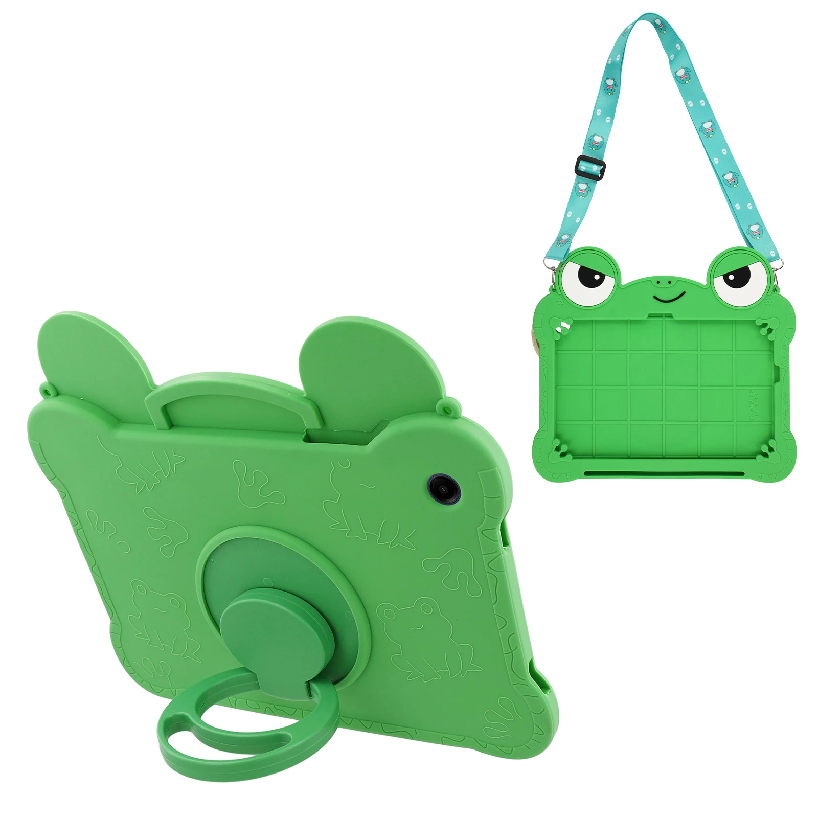 For Samsung Galaxy Tab A11+ / Tab A9+ Case Rotating Kickstand Cute Frog Design Silicone Tablet Cover with Lanyard
