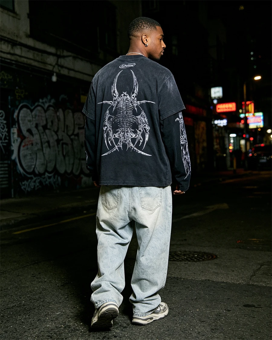 Autumn/Winter Street CHEW Layering Fake Two-Piece Design Cotton Gothic Bone Printed Long Sleeved Washed Hip-hop Versatile Top
