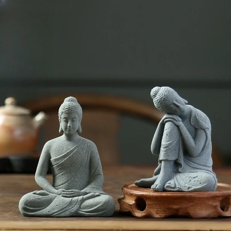 Chinese Style Green Sandstone Buddha Mini Figurine Tea Pet Bonsai Rockery Aquarium Micro Landscape Decor Ornament