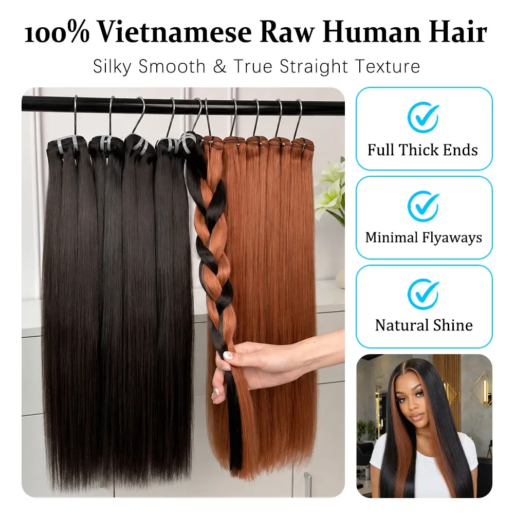 Vietnamese Bone Straight Highlights 100% Human Hair Bundles 1/3/4 Pcs Pack Colo Black DIY Highlights #30 Auburn Brown 100% Raw Unprocessed Straight Weave Bundle Thick Full Ends