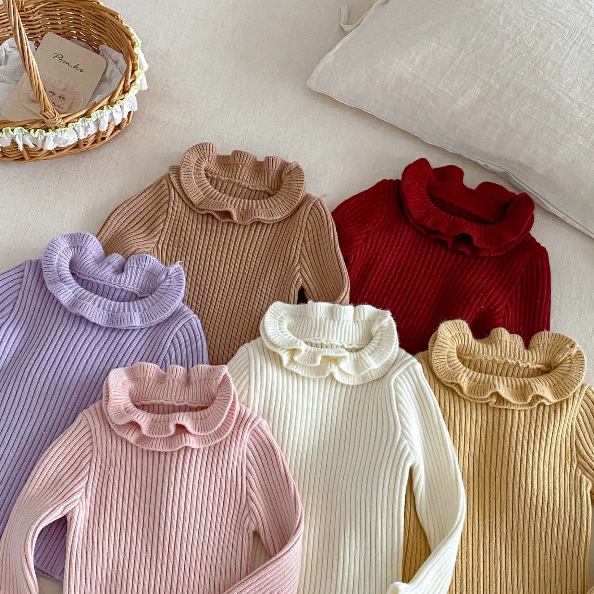 Girl Ruffle Turtleneck Sweater 0-5Y Thickened Knit Inner Top Kids Soft Skin-Friendly Long Sleeve Pullover Autumn Winter Clothes