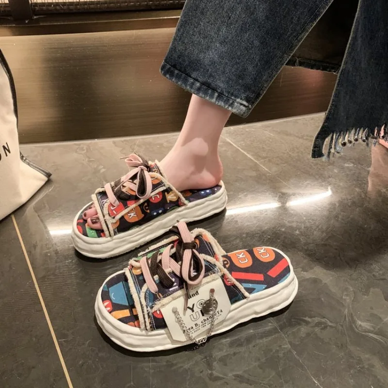 Women Fashion Platform Slippers Summer Cute Cartoon Graffiti Canvas Sandals Outdoor Comfortable Light Casual Flats Plus Size 42