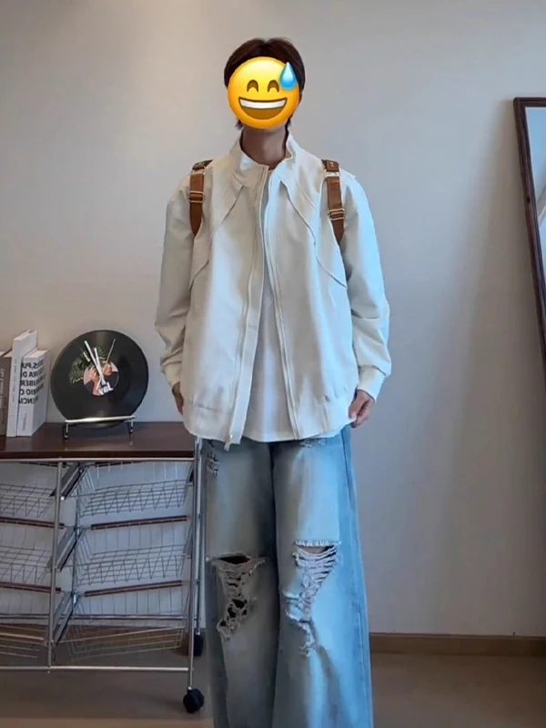 

Мужская куртка с воротником-стойкой в американском стиле ретро, осеннее деконструированное лоскутное модное бейсбольное свободное пальто для рабочей одежды