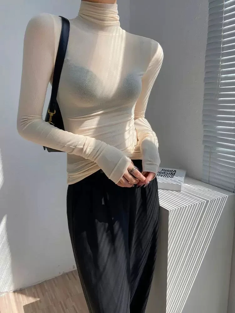 T-shirt à manches longues et col montant de style coréen, chemise inférieure à col haut, haut légèrement transparent pour femmes