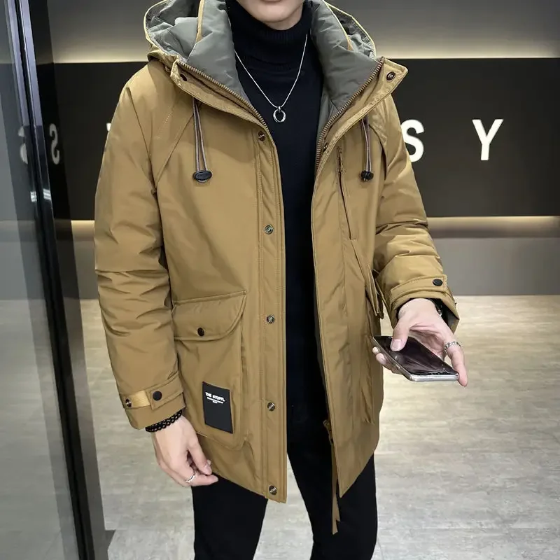 Winter New Men Down Jacket Male Mid-Length Thicken Cold Protection Hooded Outwear Large Size Solid Color Casual Fashion Outcoat