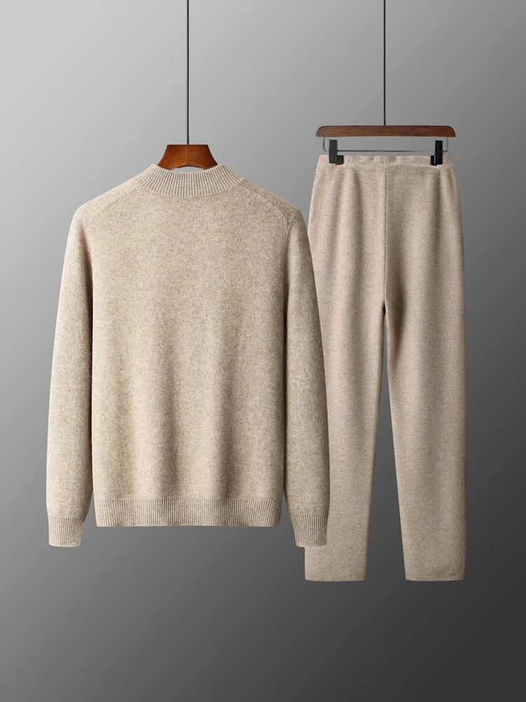 Men's 100% Merino Wool Two-piece Suit Autumn Winter Knitting Zipper Cardigan and Straight-leg Pants Warm Thickened Clothing Sets