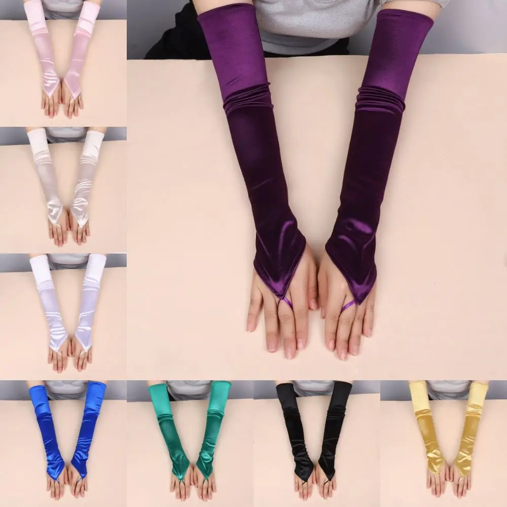 New 49CM Women Gloves Satin Solid Retro Hook Finger Gloves Stage Performance Cosplay Long Fingerless Gloves Wedding Bride