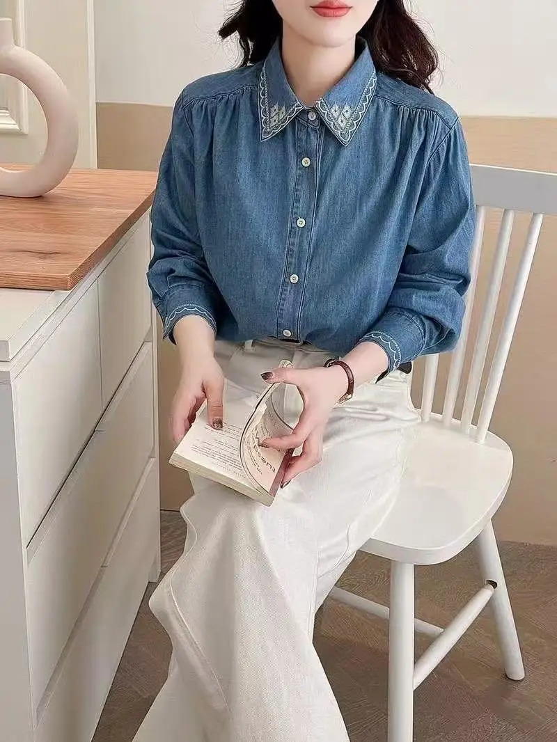 2027 Women's stylish blouses designer denim shirts bohemian women Harajuku fashion embroidered jean blouses view 5