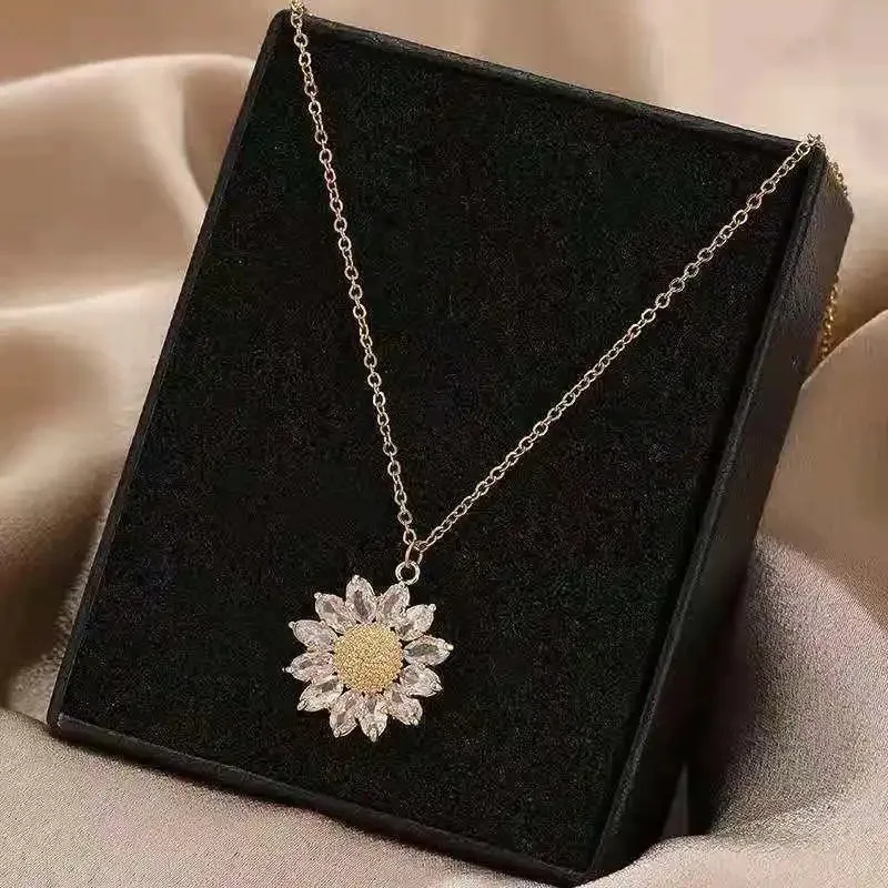 Classic Sweet Zircon Crystal Sunflower Pendant Stainless Steel Necklaces For Women Korean Fashion Sexy Female Clavicle Chain