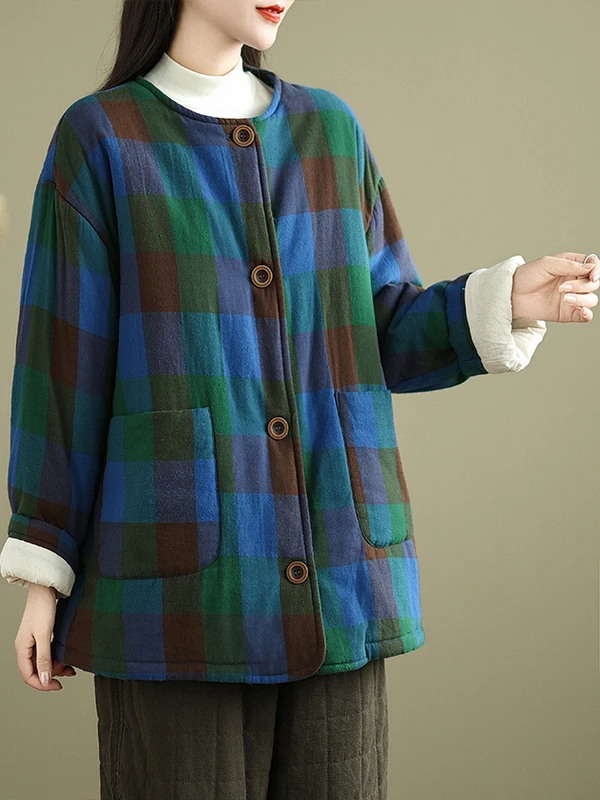 

Теплое хлопковое пальто в клетку в стиле ретро, свободная круглая верхняя одежда Ne Thi для женщин, модная осенне-зимняя одежда прямого кроя пе