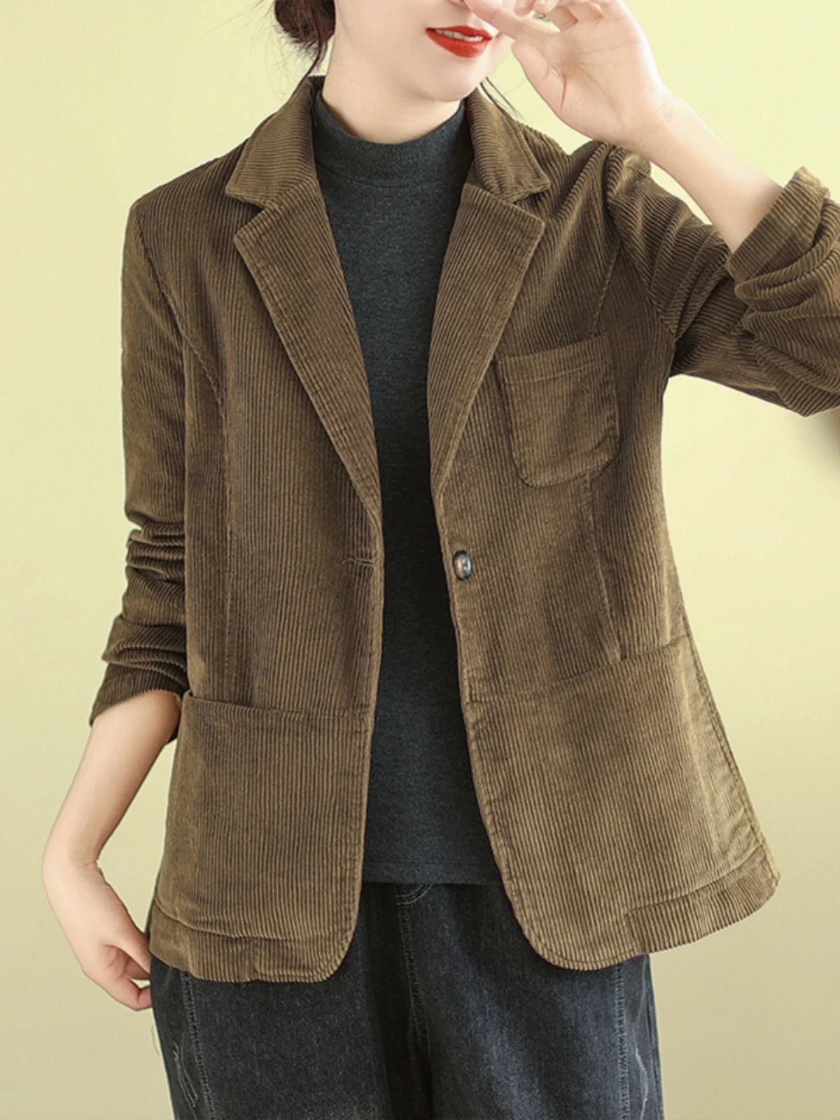 

Свободный крой Long Sve Corduroy Cotton Jaet, женская осенне-зимняя верхняя одежда, однотонный костюм, топ, корейский Sle Commute Faion