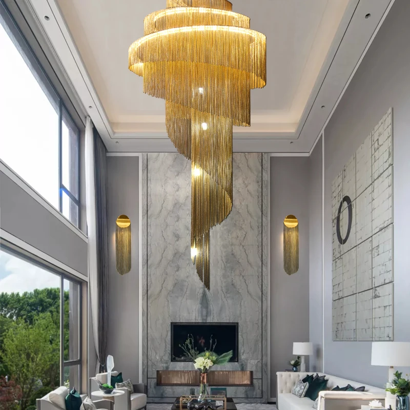 

Nordic - inspired Long Luxury Chandelier, Hollow Aluminum Chain Tassel for Villa and Duplex Building Staircases