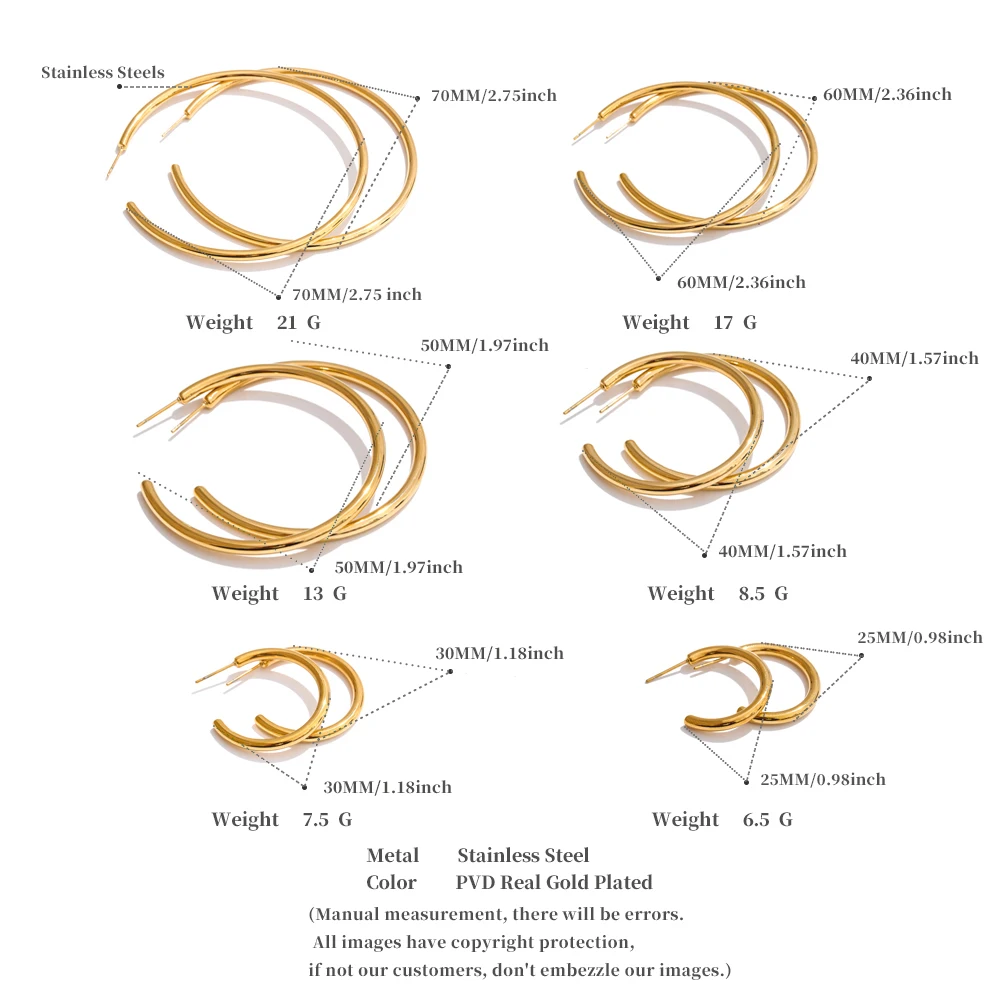 Yhpup 25/30/40/50/60/70mm Minimalist C-Shape Round Daily Hoop Earrings Stainless Steel Versatile Popular PVD Waterproof Jewelry – Detail 11