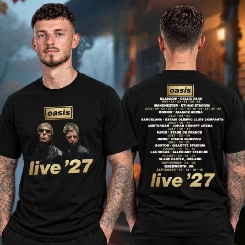 Oasis Band Live '27 Tour T-Shirt Men Oversized Graphic Tee Double Sided Portrait Concert Back Print Rock Music Fan Casual Tops