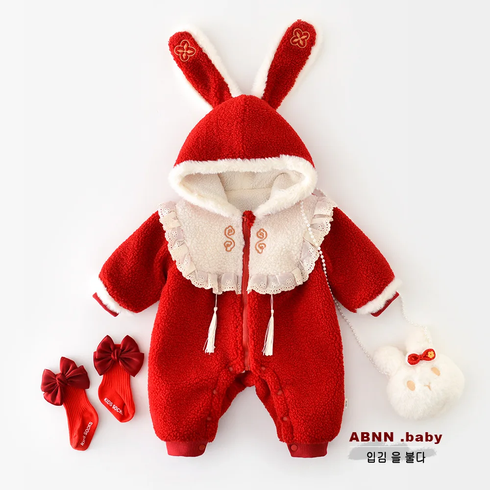 Winter New Years Baby Girls Lace Up Tassel Jumpsuit Plush Thick Rabbit Hooded Warm Infant Girl Climbing Suit Newborn Girl Outfit