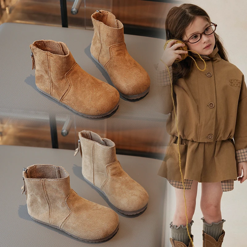 

Children's Retro Boots 2-16 Years Old Khaki Boys Girls Single Shoes Four Seasons Models Brown Soft Non-slip Kids Leather Boots