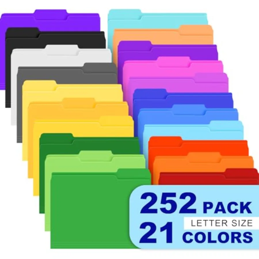 

252 Pack Colored File Folders21 Colors File Folders Letter Size Manilla Folders 8.5 x 11 1/3 Cut Tab Filing Folders for Office