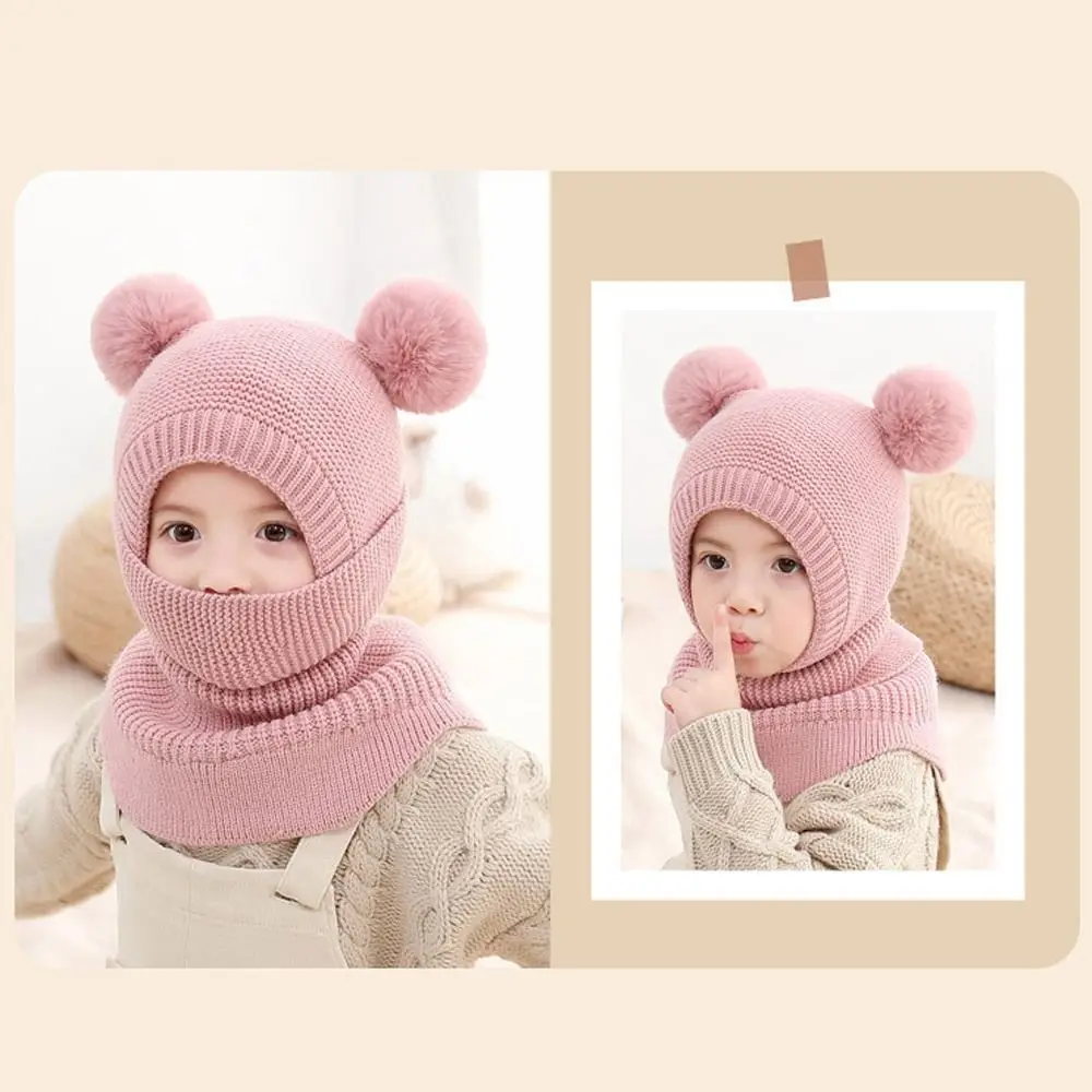 

Cute One-piece Shawl Autumn and Winter Knitted Hat Velvet Lining Caps Two Ball Ear Protection Caps Warm Hats