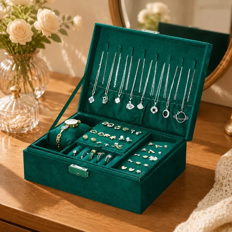 Retro-Style Velvet Jewelry Case with Dual Secure Locks, Spacious Storage for Watches, Necklaces, and Earrings