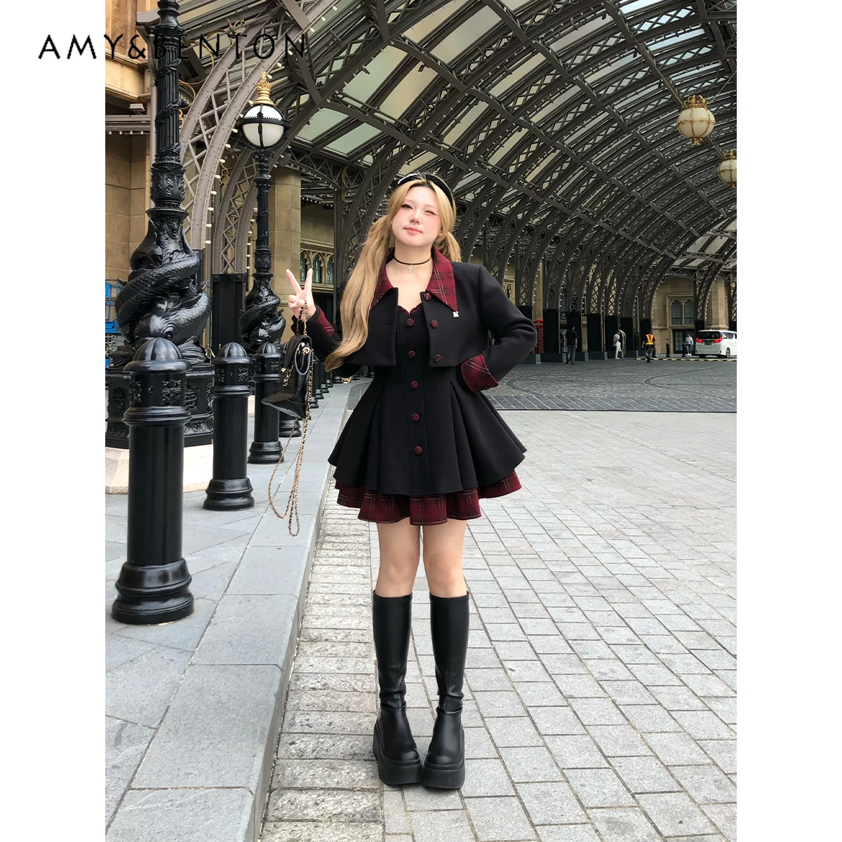 

Autumn Winter New Sweet Cool Style Plus Size Wool Slim Fit Strap Dress Red Plaid Turn-Down Collar Black Short Padded Blazer