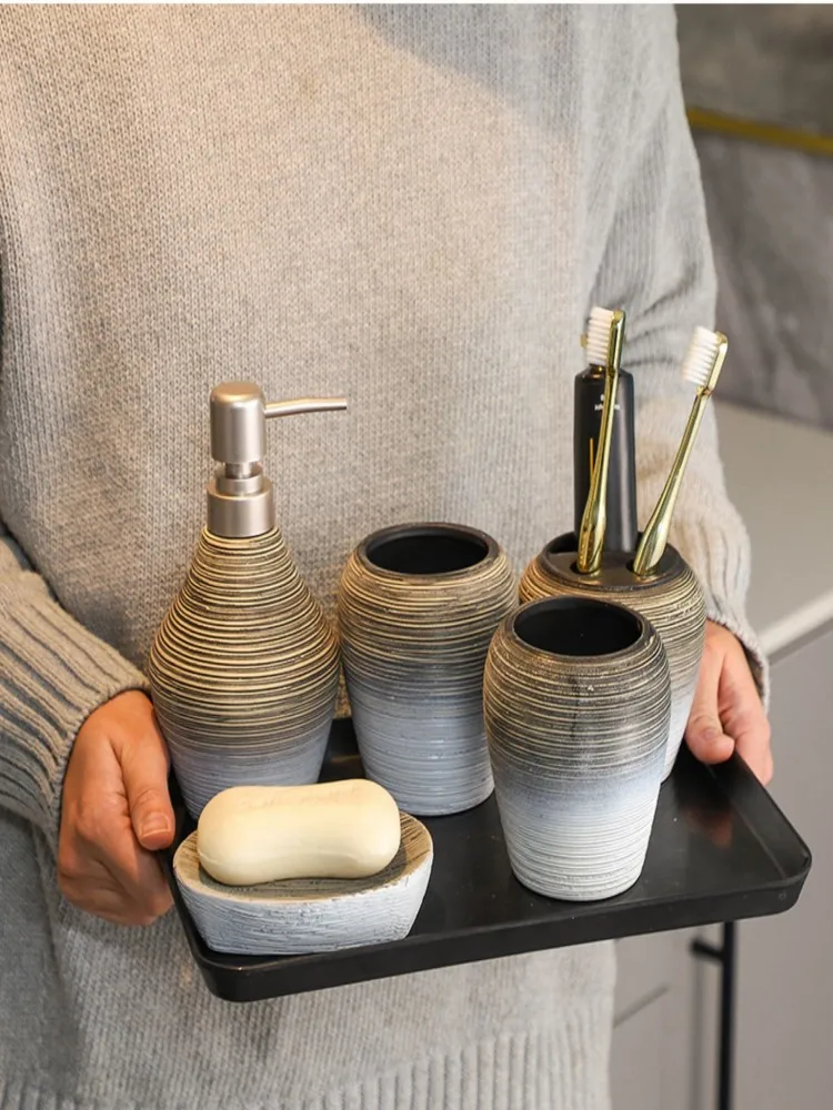 

Vintage Handmade Ceramic 5pcs Wire Drawing Bathroom Accessories Set Toothbrush Holder Liquid Dispenser Soap Dish for Home Decor
