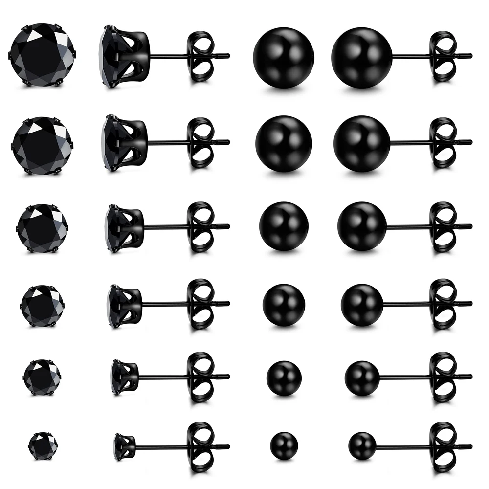 1 Pair Black Stainless Steel Round Cubic Zirconia Ball Stud Earrings Set Punk Piercing Jewelry For Men Women 3-8mm