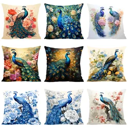 Nordic Style Oil Painting Peacock Cushion Cover 45x45cm Cotton Linen Sofa Cushion Cover, Home Decoration Pillowcase 40x40cm