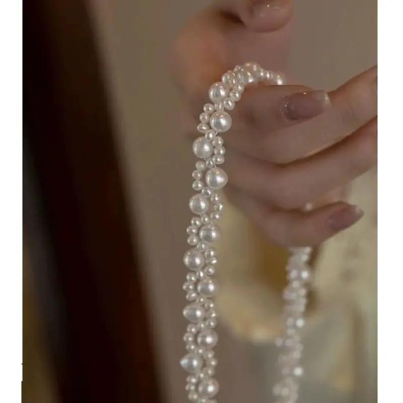 اليدوية لؤلؤ بحر الجنوب 925 الفضة زنبق قلادة الترقوة سلسلة خمر مزدوجة الطبقات شكل الأرز فتاة جميلة