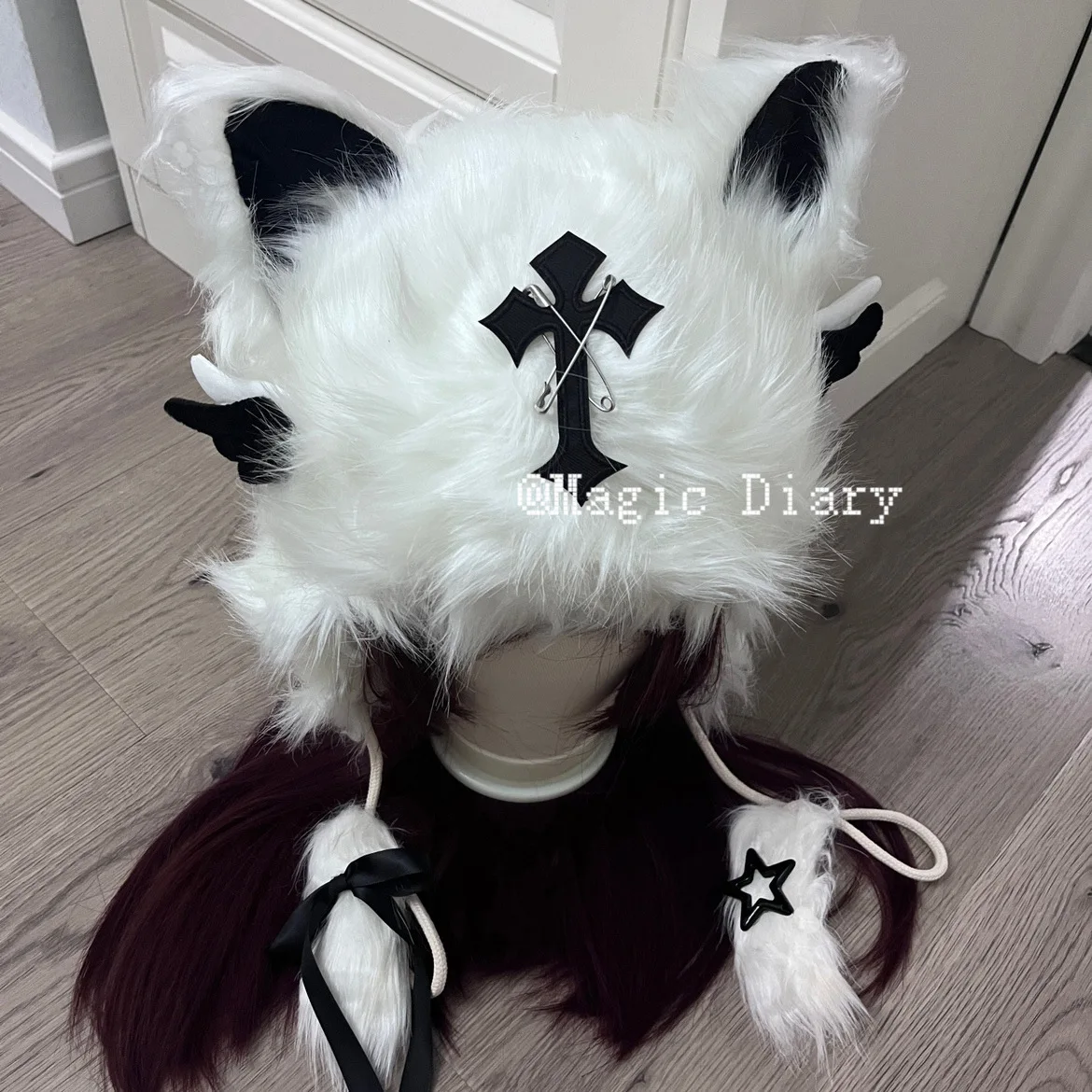 Magic Diary - Handmade Autumn/Winter Warm Plush Fuzzy Hat Trendy Cat Ear Subculture Y2k Plush Warmth Headwear Caps Accessories